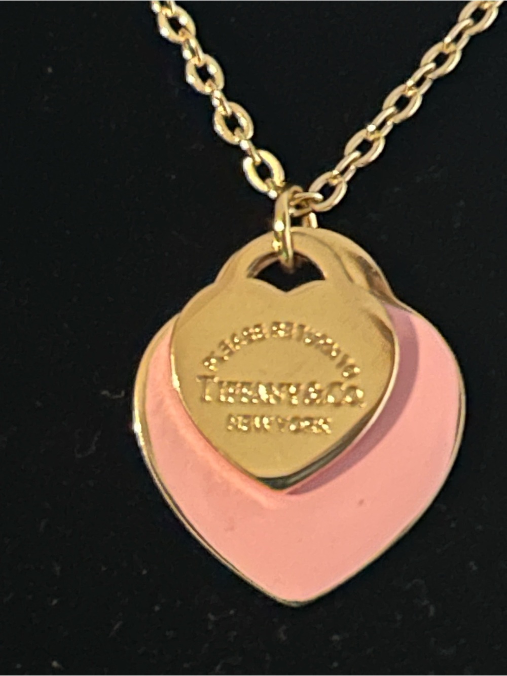 Fashion Jewelry Gold and Pink Double Heart Pendant Necklace